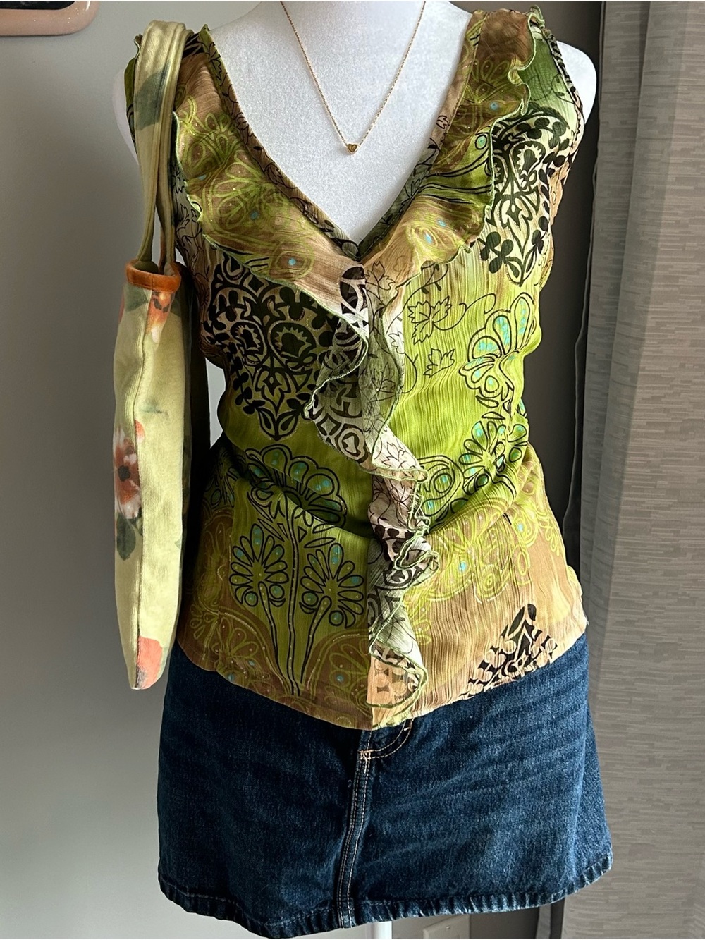 Y2K Green Paisley Mesh Cami Top